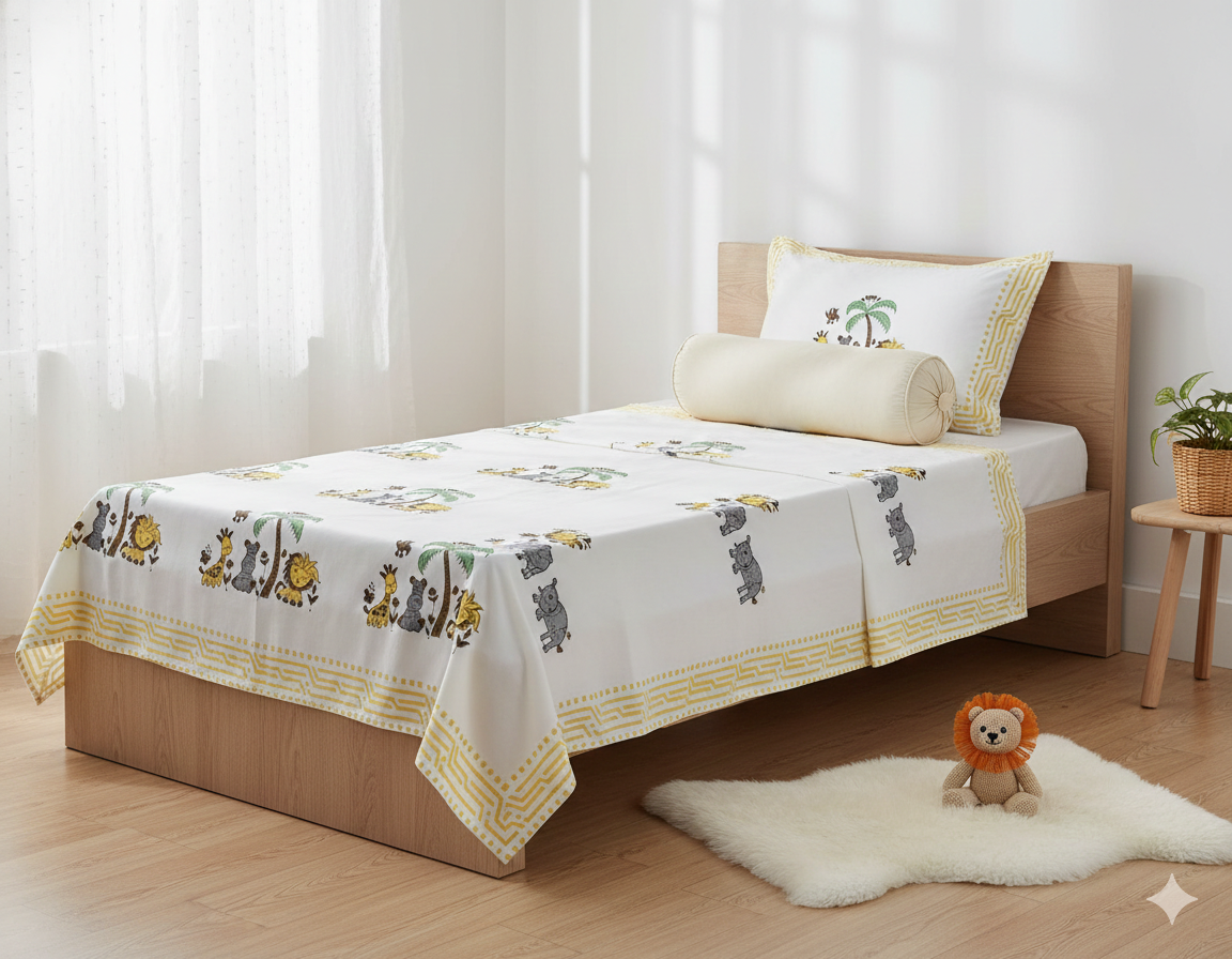 Handblock Printed Jungle Story Print Cotton Single Bedsheet with 1 Pillow Cover