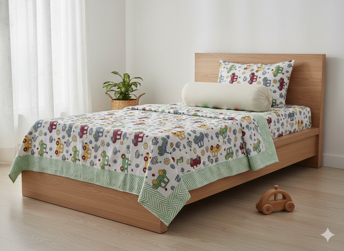 Handblock Printed Racing Car Print Cotton Single Bedsheet with 1 Pillow Cover