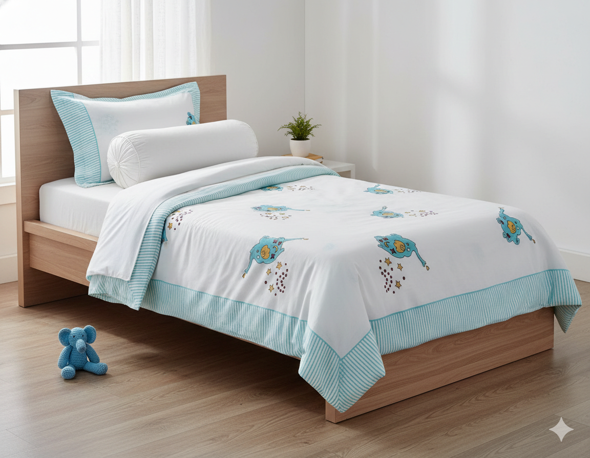 Handblock Printed Elephant Print Cotton Single Bedsheet with 1 Pillow Cover – 60x90 Inch