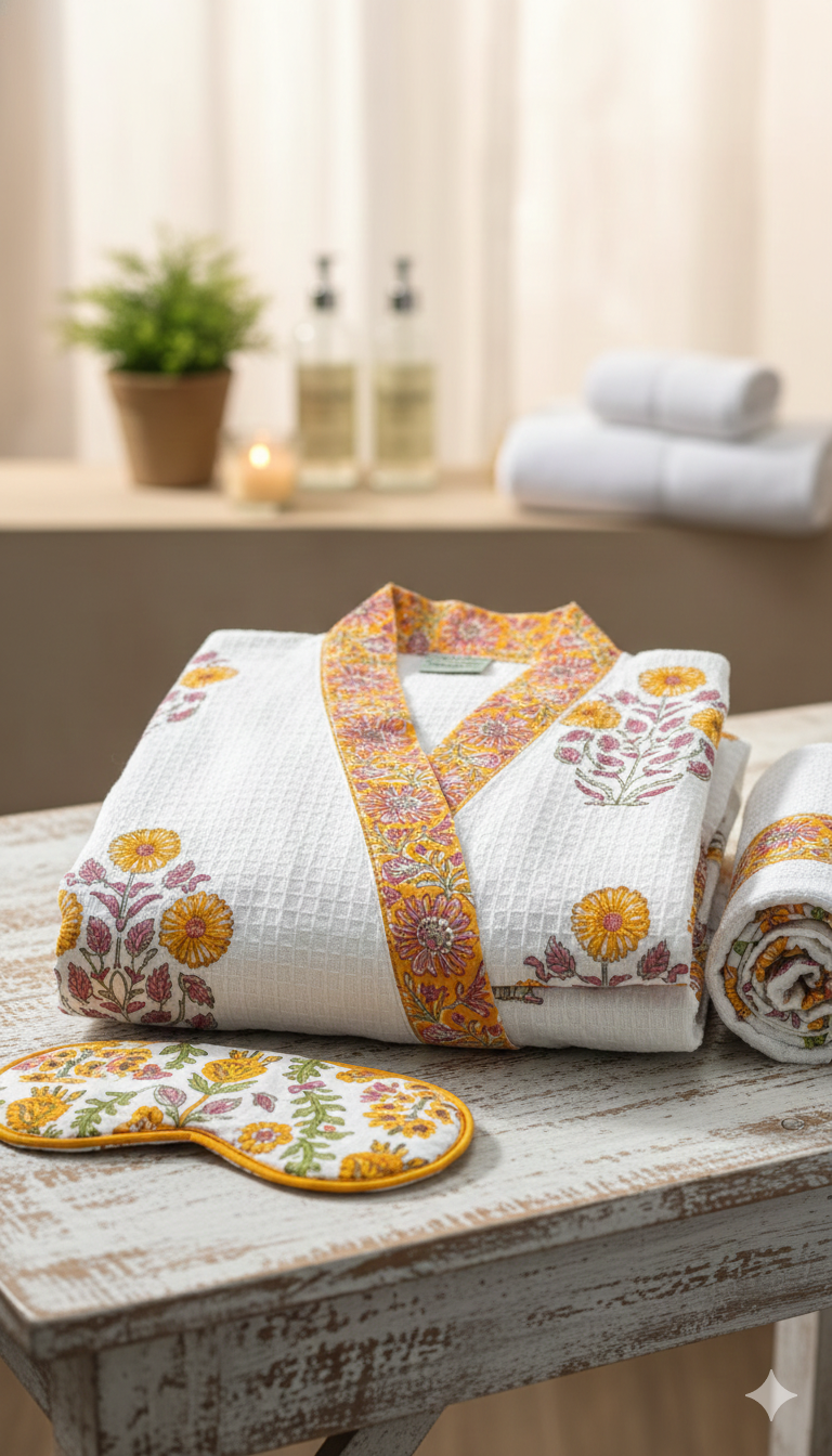 Floral Handblock Cotton Bath Robe