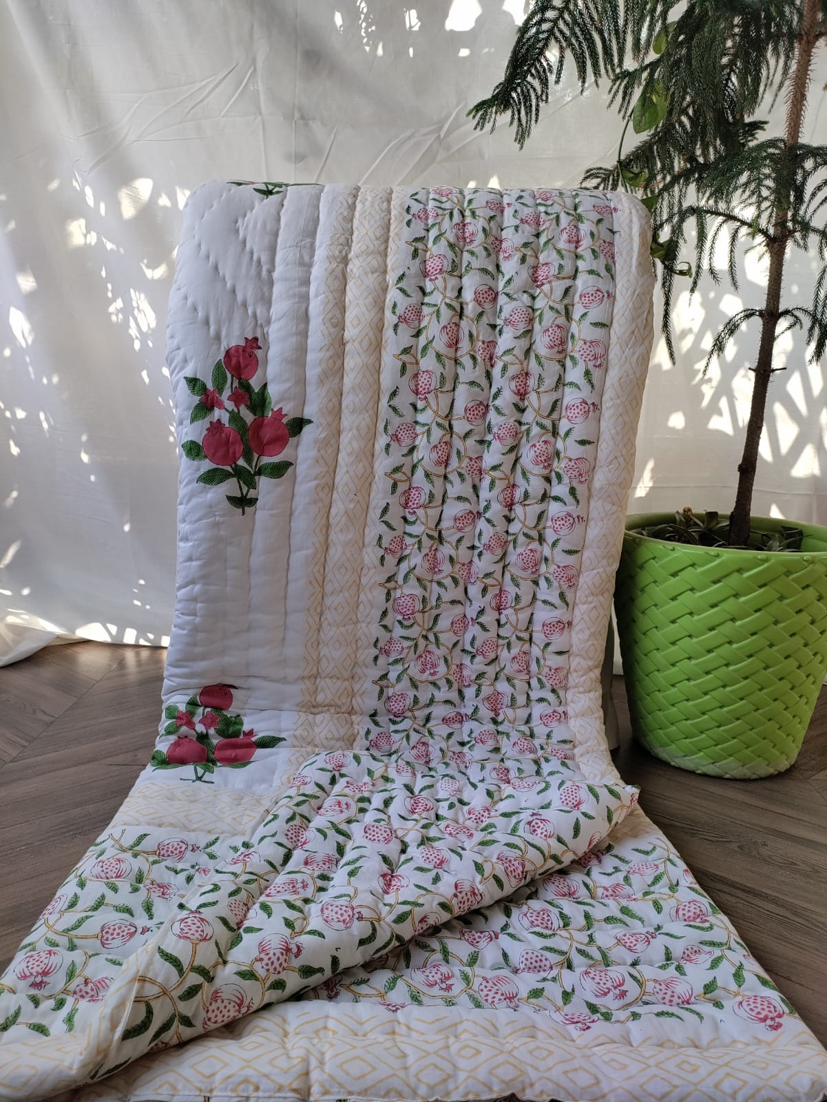 Floral Hand-Block Printed Mulmul Double Reversible Quilt