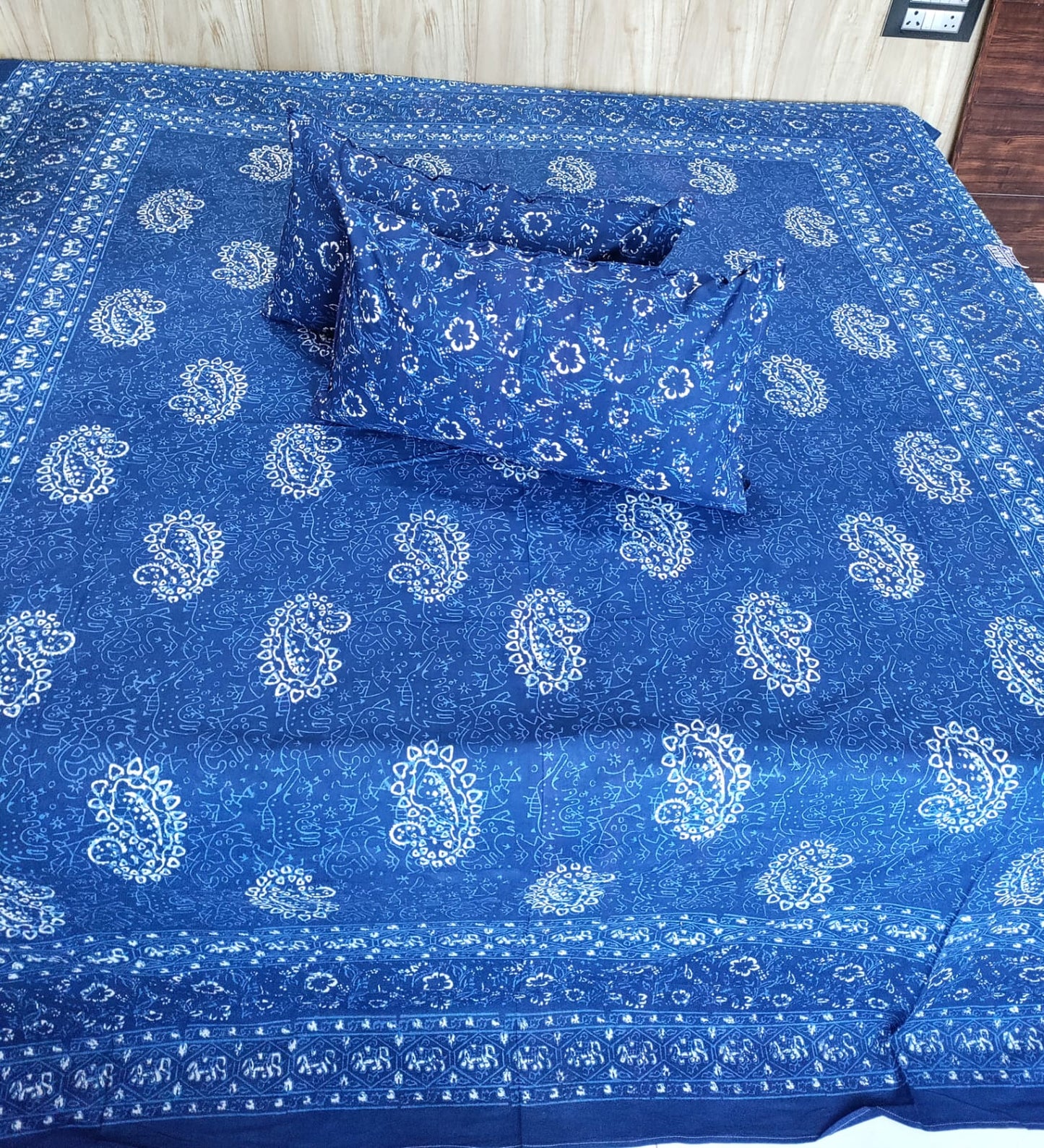 Royal Blue Crimson Floral Handblock Pure Cotton Double Bedsheet