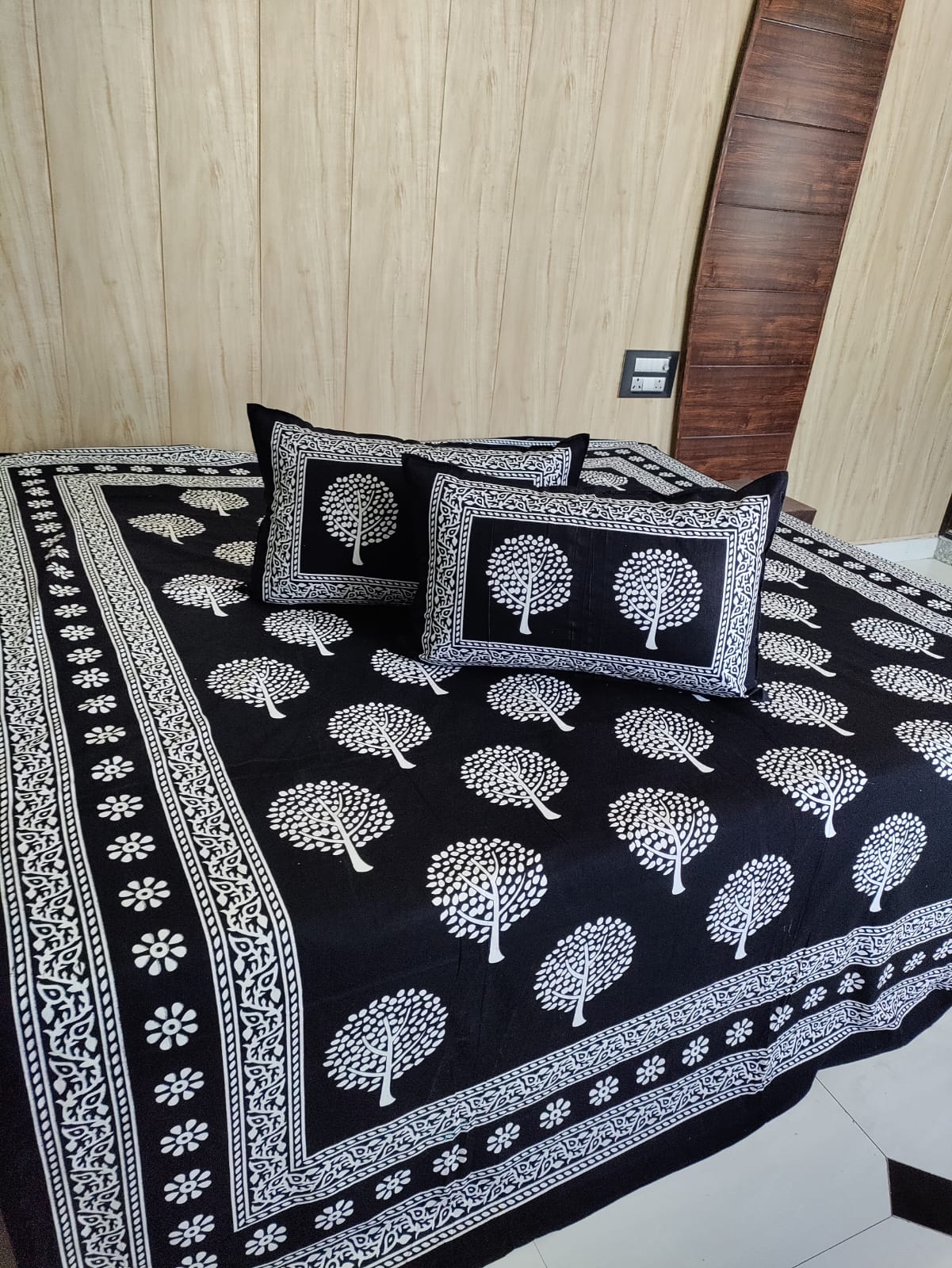 Midnight "Tree of Life" Handblock Print Pure Cotton Double Bedsheet