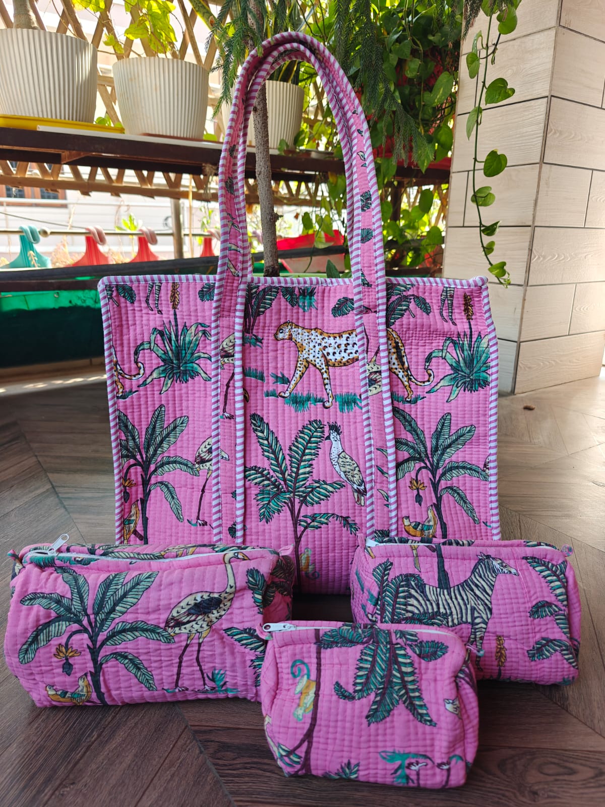 Jungle Print Cotton Quilted Tote & 4-Piece Travel Set