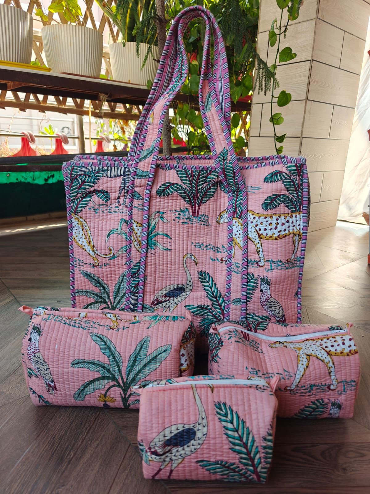 Jungle Print Cotton Quilted Tote & 4-Piece Travel Set