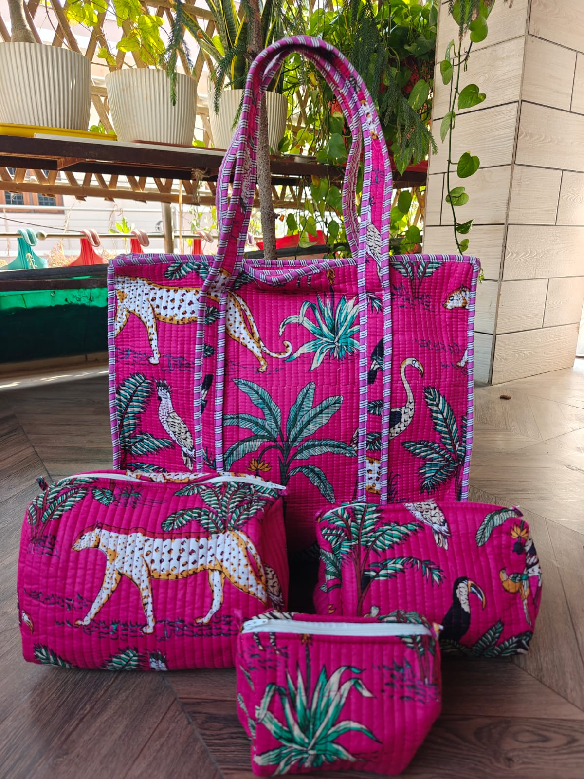 Jungle Print Cotton Quilted Tote & 4-Piece Travel Set