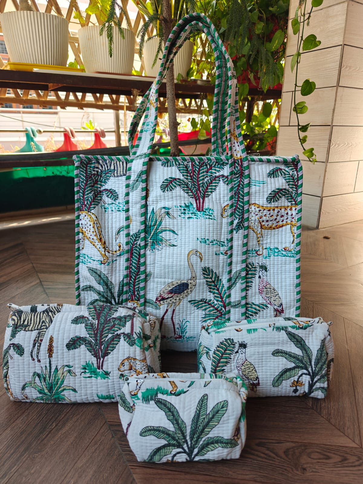 Jungle Print Cotton Quilted Tote & 4-Piece Travel Set