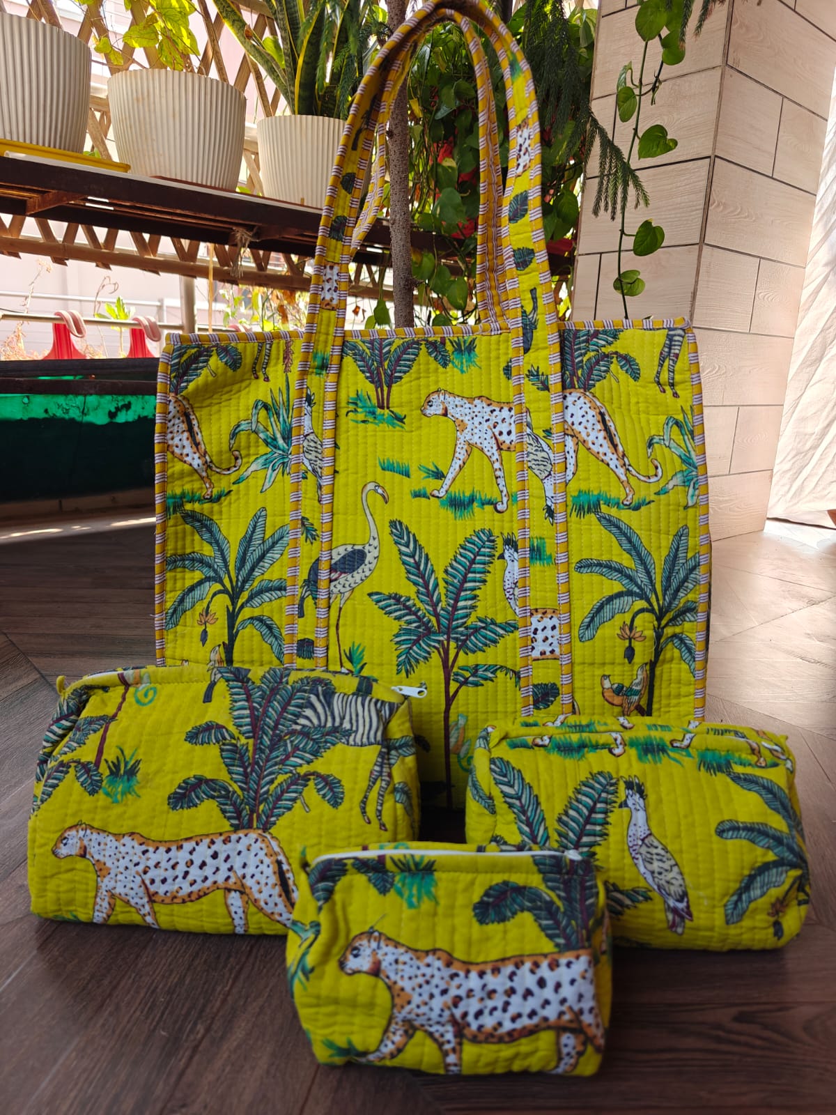 Jungle Print Cotton Quilted Tote & 4-Piece Travel Set