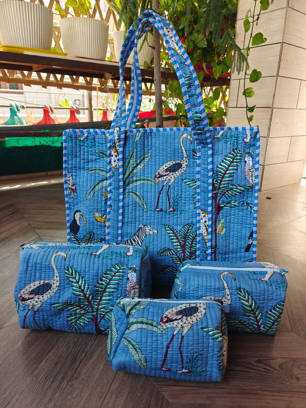 Jungle Print Cotton Quilted Tote & 4-Piece Travel Set