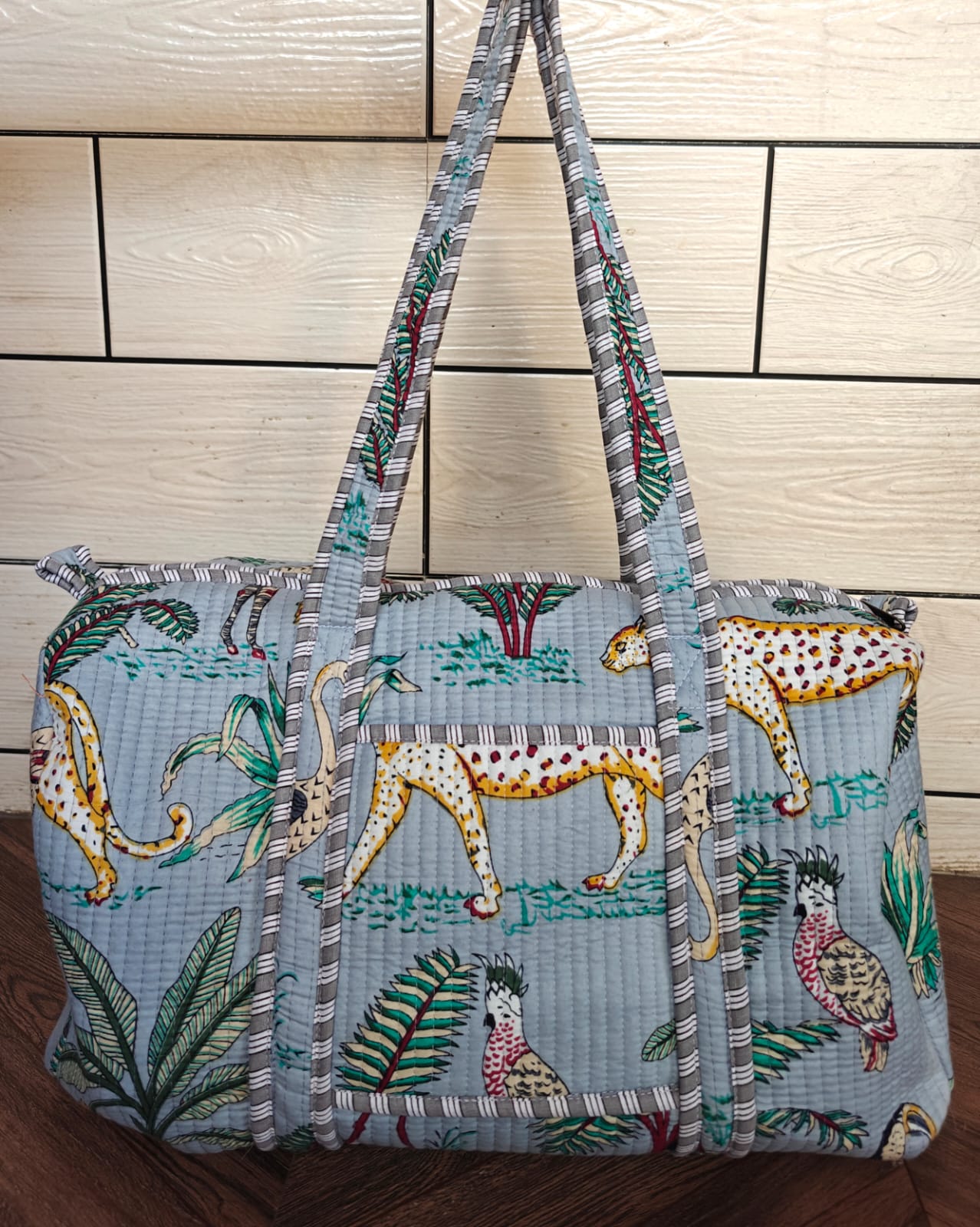 Artisanal Jungle Print Cotton Quilted Duffle Bag