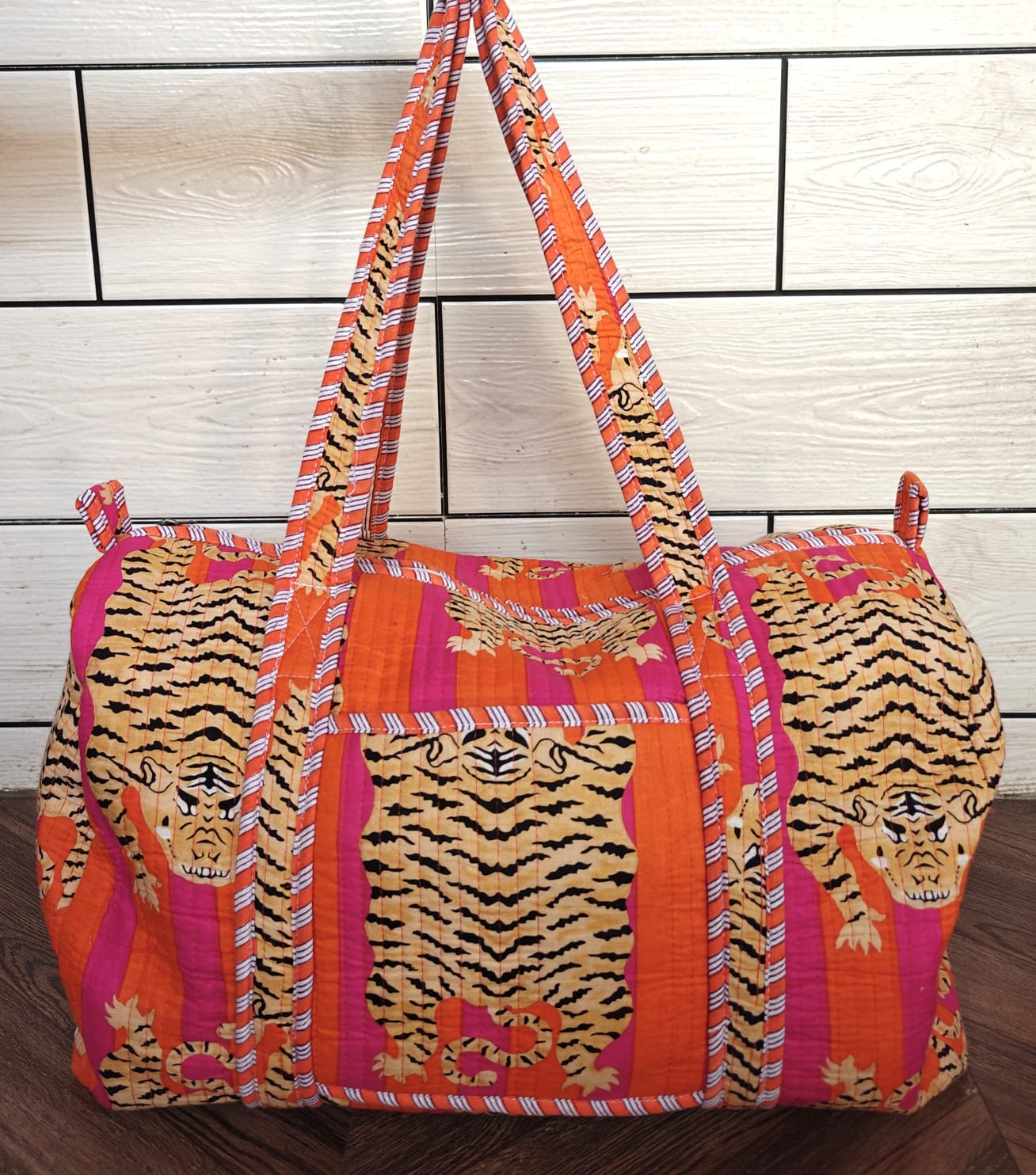 Artisanal Tiger Print Cotton Quilted Duffle Bag