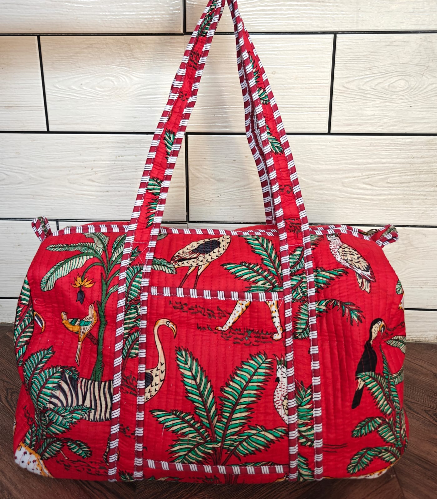 Artisanal Jungle Print Cotton Quilted Duffle Bag