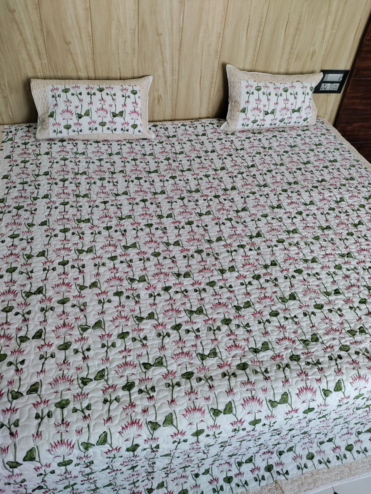 Handblock Pink Pops Quilted Bedcover