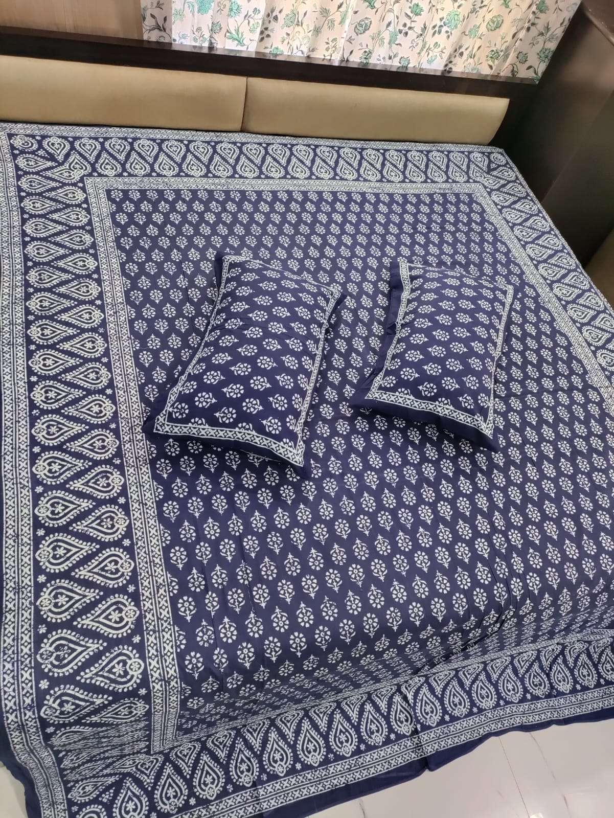 Indigo Blue Queen Bedsheet with Pillow Set