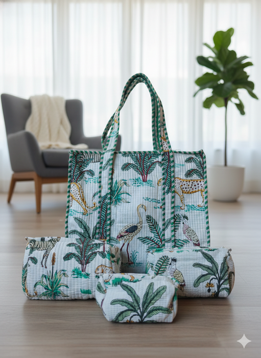Jungle Print Cotton Quilted Tote & 4-Piece Travel Set