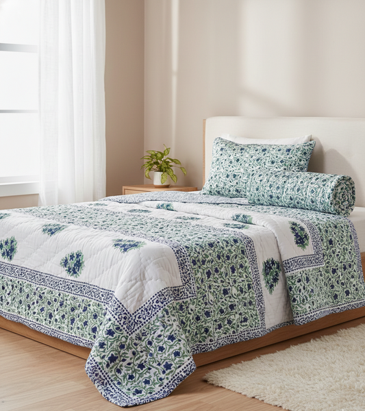 Hand-Block Printed Mulmul Single Reversible Quilt (2 Pcs Set)