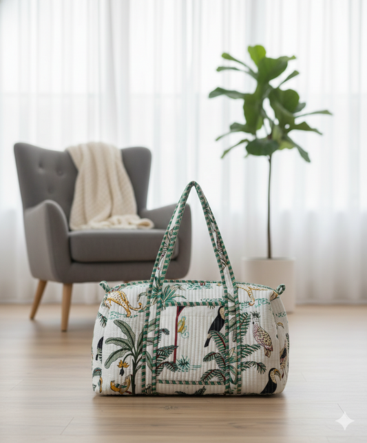 Artisanal Jungle Print Cotton Quilted Duffle Bag