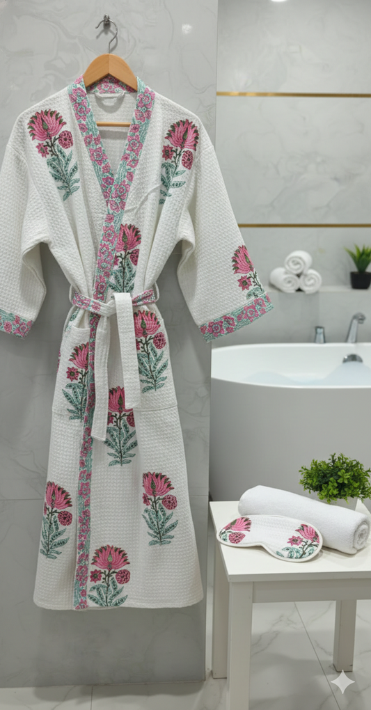 Pink Handblock Waffle Cotton Floral Bath Robe