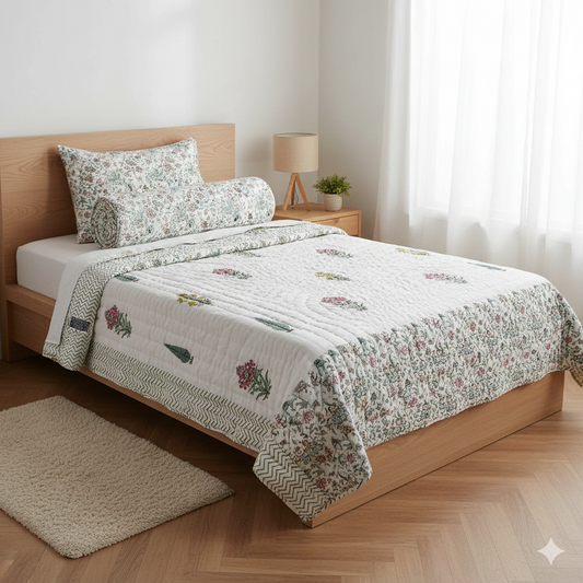 Bageecha Hand-Block Printed Mulmul Single Reversible Quilt (2 Pcs Set)