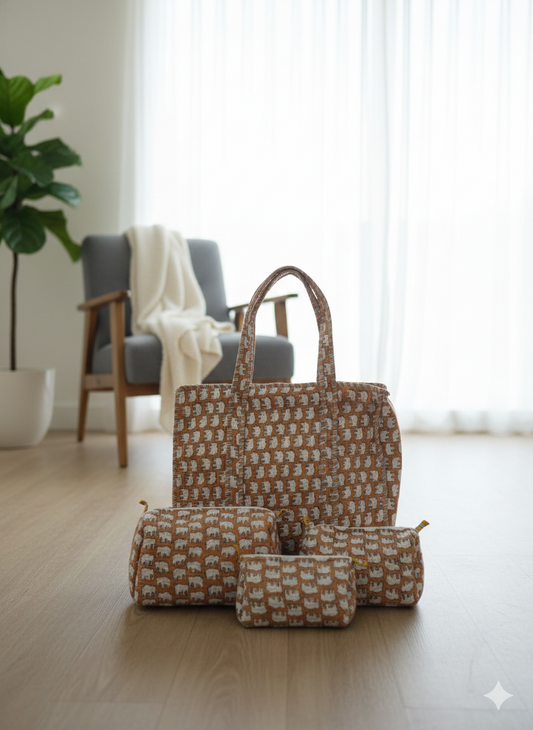 Elephant Print Cotton Quilted Tote & 4-Piece Travel Set