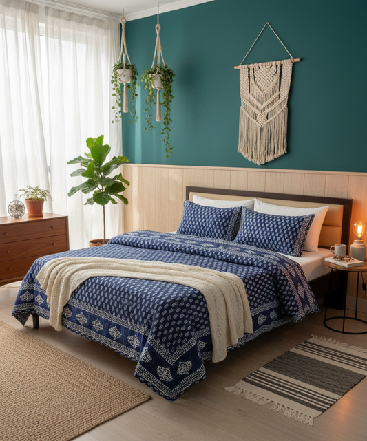 Indigo Blue Queen Bedsheet with Pillow Set