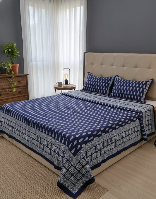Indigo Blue Queen Bedsheet with Pillow Set