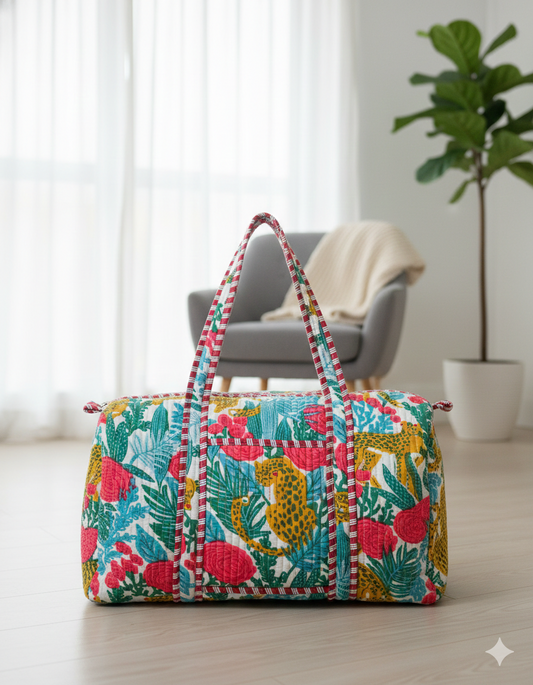 Artisanal Jungle Print Cotton Quilted Duffle Bag