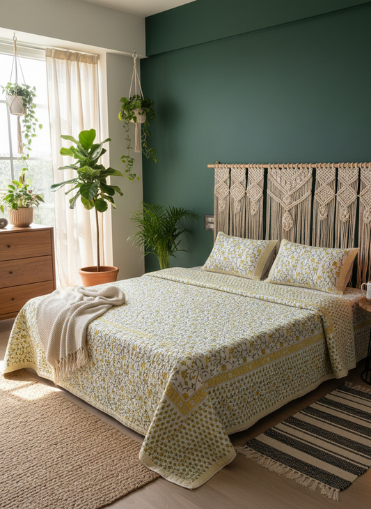 Handblock Sun Flower Quilted Bedcover