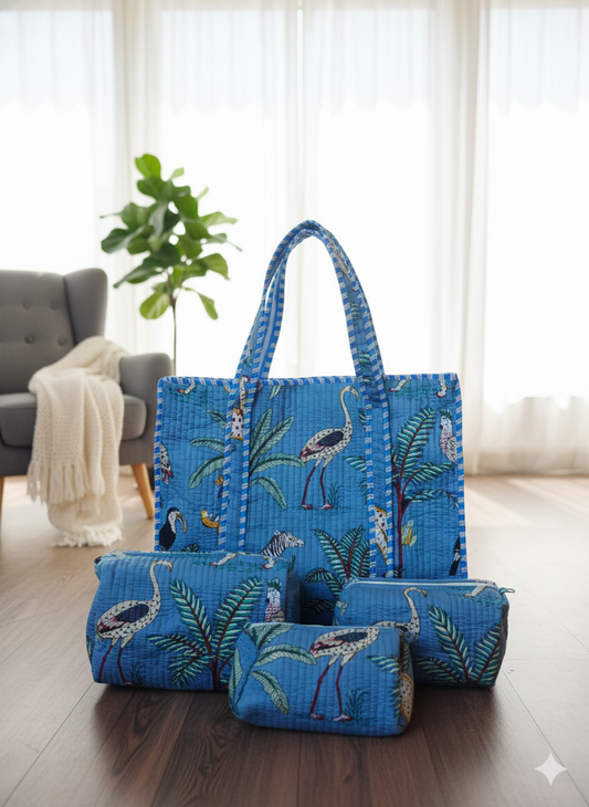 Jungle Print Cotton Quilted Tote & 4-Piece Travel Set