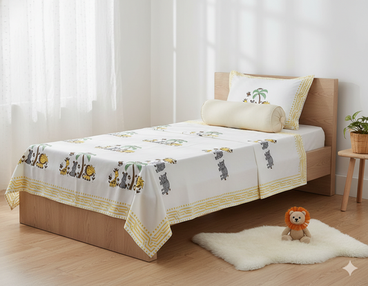 Handblock Printed Jungle Story Print Cotton Single Bedsheet with 1 Pillow Cover