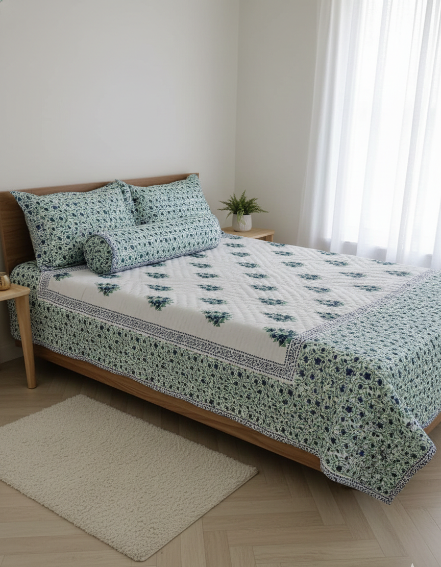 Hand-Block Printed Mulmul Double Reversible Quilt