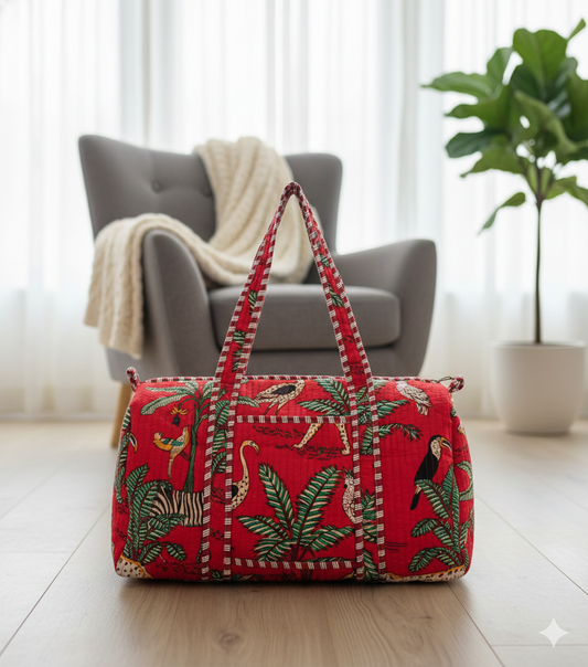 Artisanal Jungle Print Cotton Quilted Duffle Bag