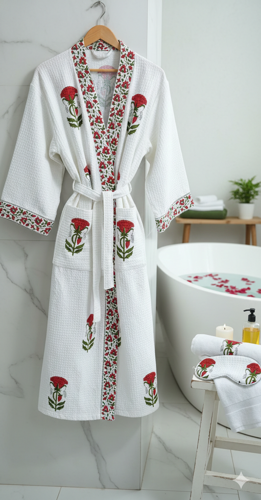 Red Handblock Waffle Cotton Bath Robe