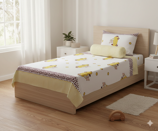 Handblock Printed Bunny & Car Print Cotton Single Bedsheet with 1 Pillow Cover