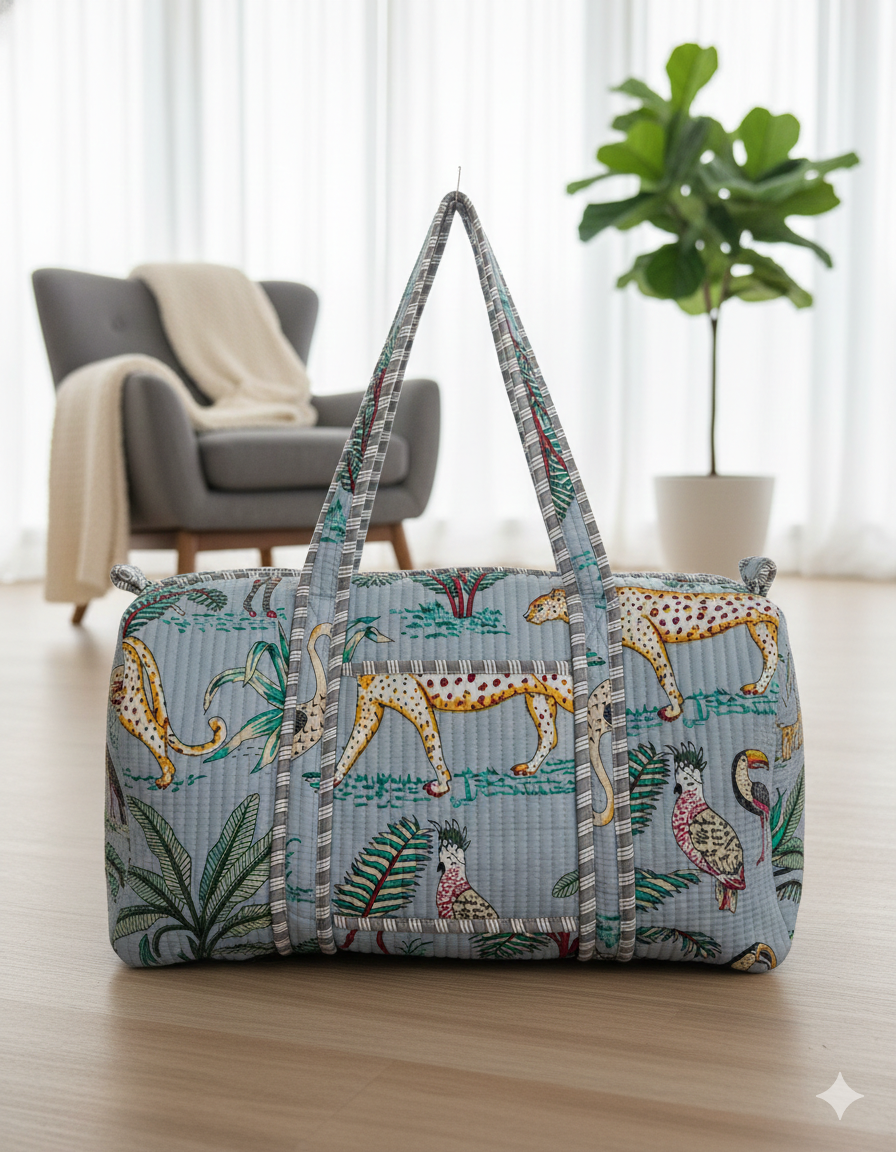 Artisanal Jungle Print Cotton Quilted Duffle Bag