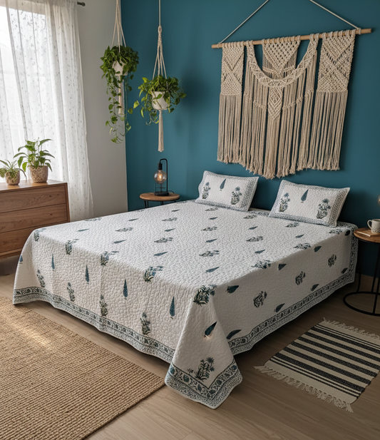 Aasmani Jaal Hand Block Printed Reversible Quilted Comforter (King Size)