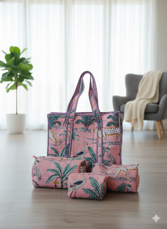 Jungle Print Cotton Quilted Tote & 4-Piece Travel Set