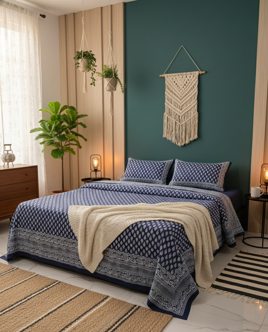 Indigo Blue Queen Bedsheet with Pillow Set