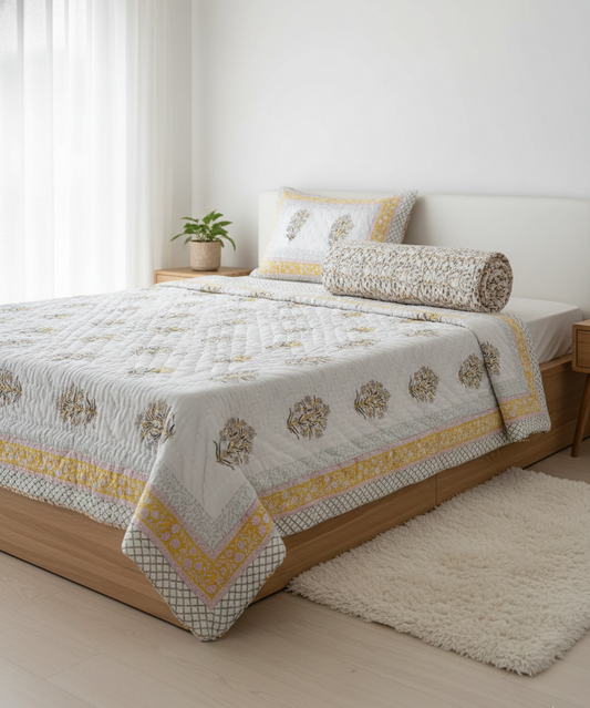 Sunshine Hand-Block Printed Mulmul Single Reversible Quilt (2 Pcs Set)