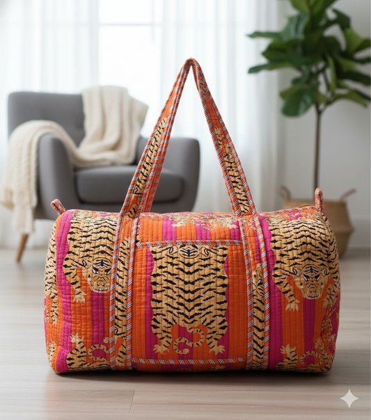 Artisanal Tiger Print Cotton Quilted Duffle Bag