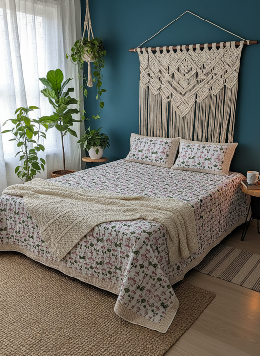 Handblock Pink Pops Quilted Bedcover