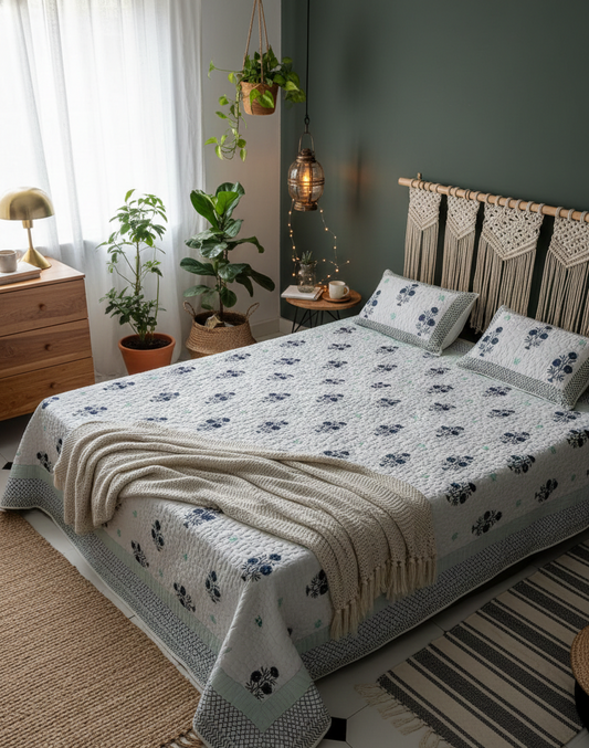 Floral Hand Block Printed Reversible Quilted Comforter (King Size)