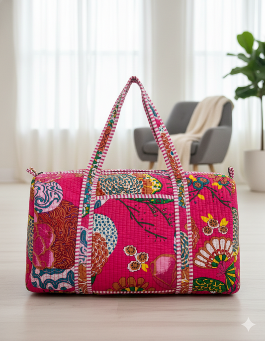 Artisanal Fruit Print Cotton Quilted Duffle Bag