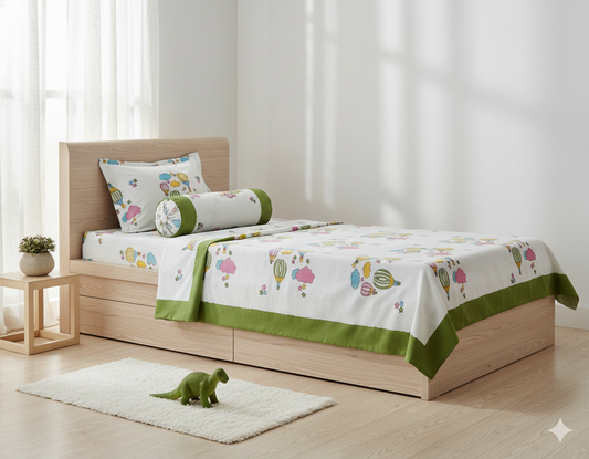 Handblock Printed Hot Air Balloon Print Cotton Single Bedsheet with 1 Pillow Cover – 60x90 Inch