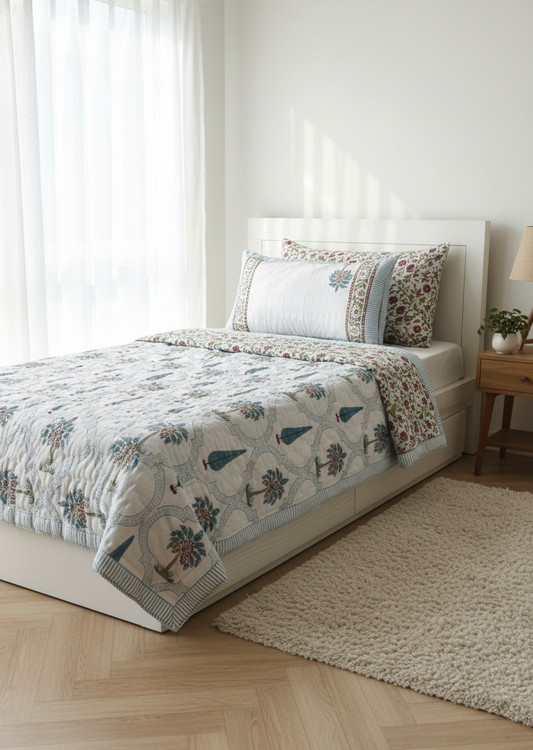 Asmani Jaal Hand-Block Printed Mulmul Single Reversible Quilt (2 Pcs Set)