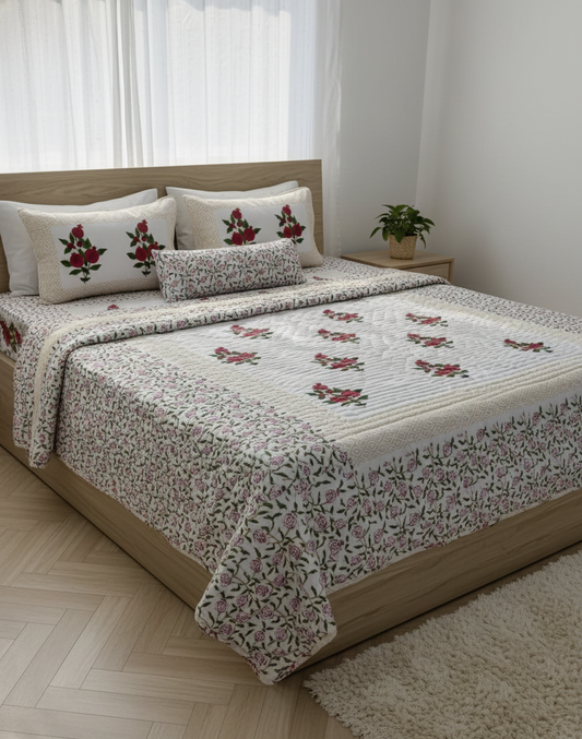 Floral Hand-Block Printed Mulmul Double Reversible Quilt