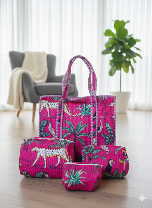 Jungle Print Cotton Quilted Tote & 4-Piece Travel Set