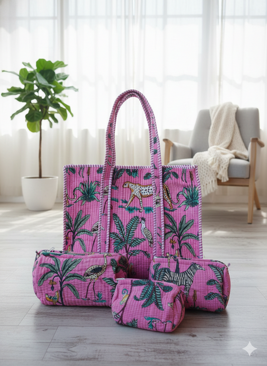 Jungle Print Cotton Quilted Tote & 4-Piece Travel Set