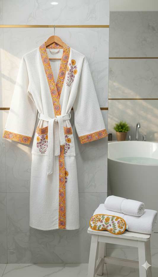 Floral Handblock Cotton Bath Robe