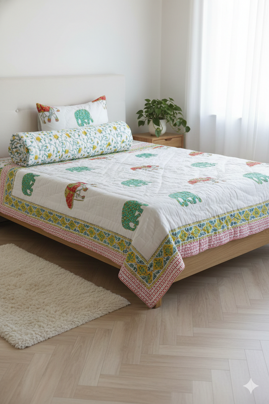 Rajasthani Hathi Hand-Block Printed Mulmul Single Reversible Quilt (2 Pcs Set)